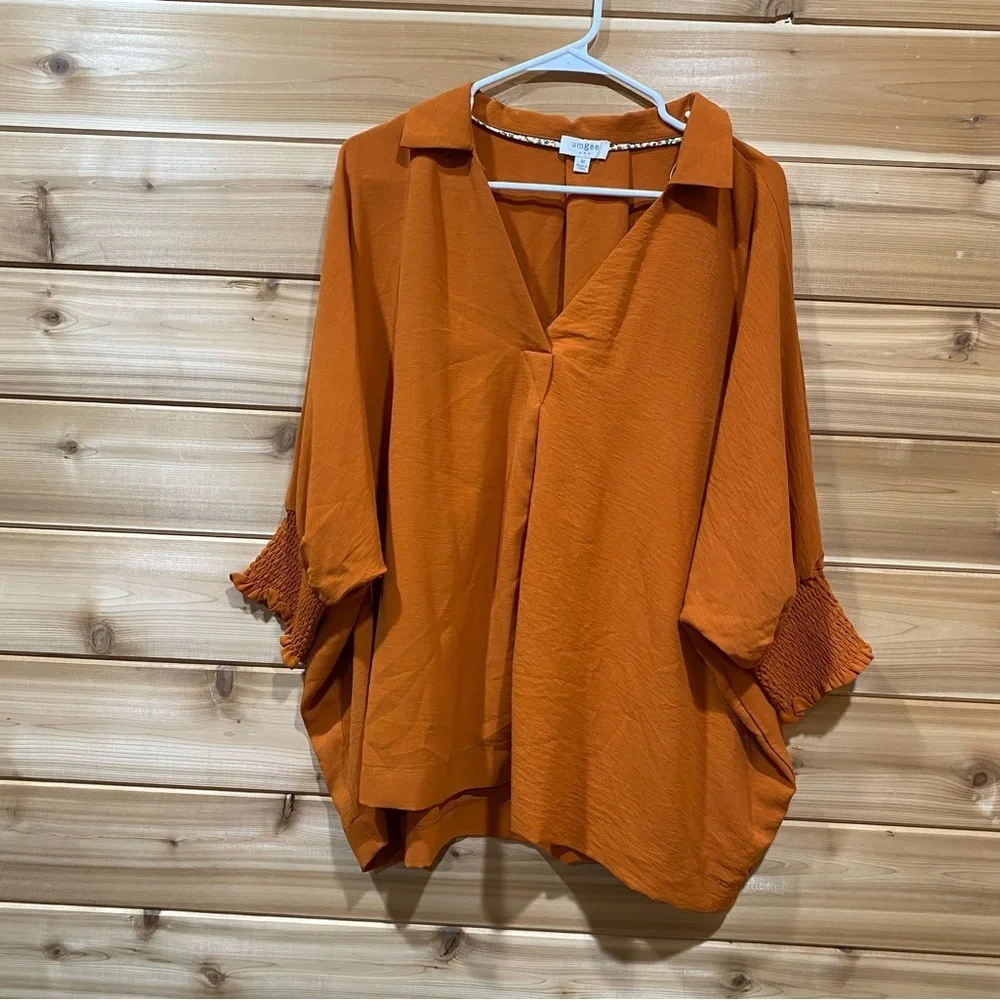 Umgee Womens M Orange‎ V-neckline Noched Collar boho Hippie Top Cuff Long Sleeve